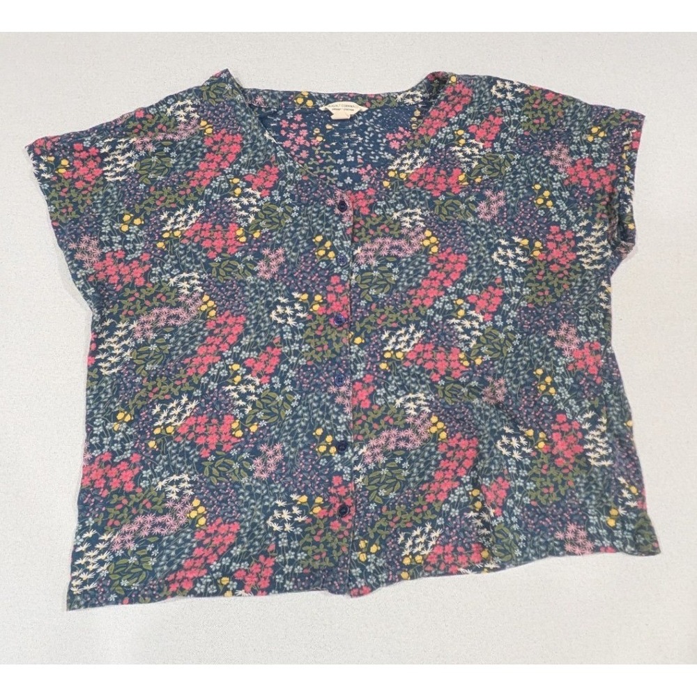 Seasalt Cornwall Blouse Womens 10 Blue Floral Organic Cotton V-Neck Top
